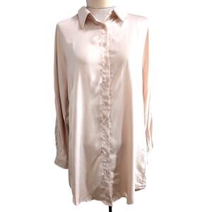 Womens Umgee Satin Blouse Large Cream Long Line Button Up Classic Sleeve